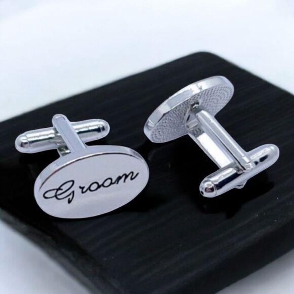 GROOM Wedding Cufflinks Silver Engraved Bridal Party Formal Tuxedo Cuff Links - Picture 1 of 5